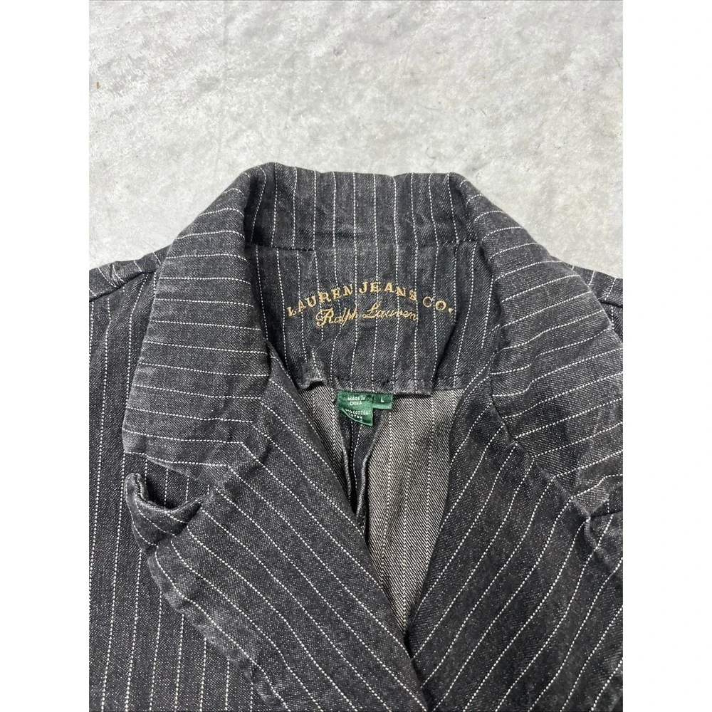 VTG Ralph Lauren Jacket Wmns L 90s Black Pinstripe Denim Double Breasted Blazer - Picture 4 of 6